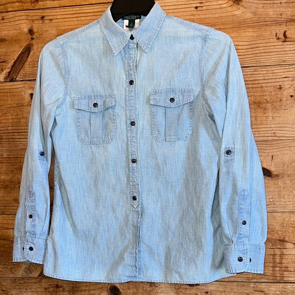 Lauren Ralph Lauren Embroidered Button Down Shirt Roll Tab Sleeves